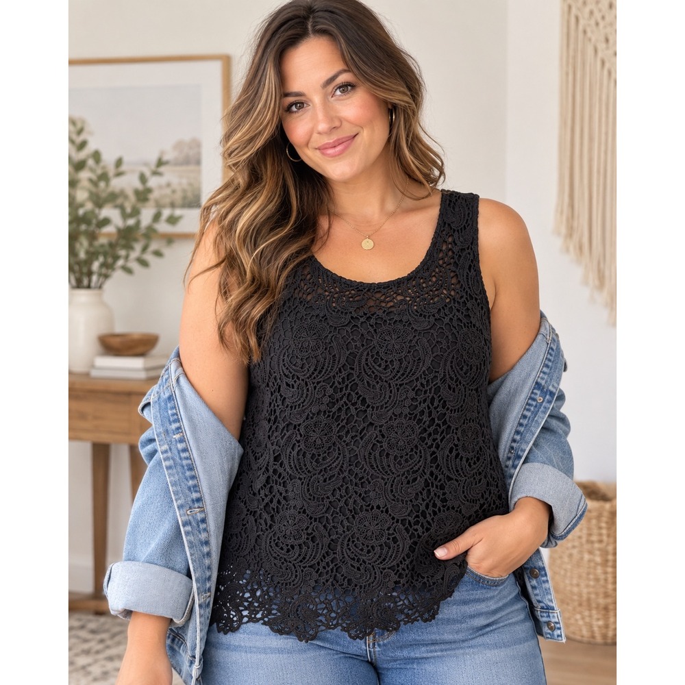 Lucky Brand Black Floral Crochet Lace Sleeveless Tank Top Cotton XL Boho Layer